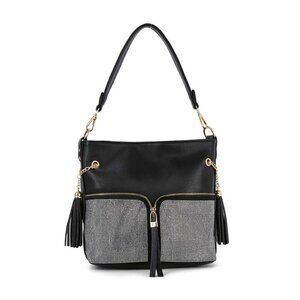 Black Stylish Rhinestone Bling Zip Hobo Handbag